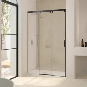 Mampara Frontal de Ducha Mérida Negro Vidrio Transparente en mamparasdeduchalivery.es