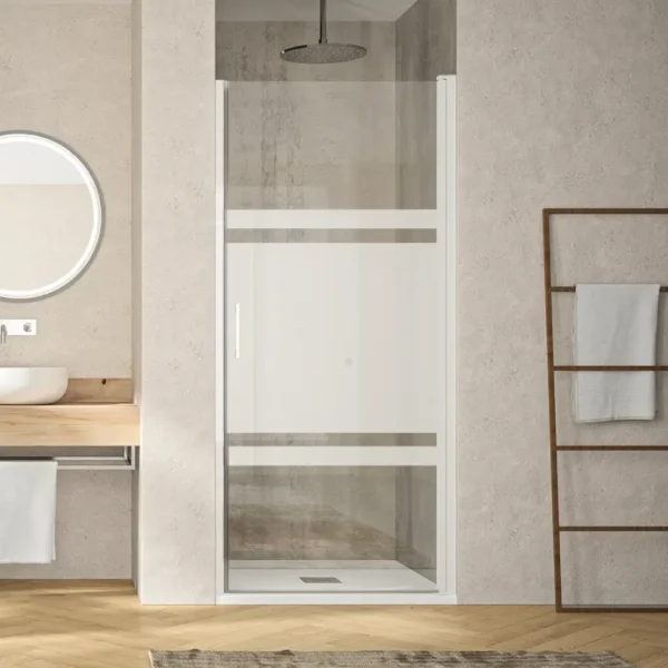 Mampara de ducha abatible Olimpia Blanca vidrio serigrafiado Oasis mamparasdeduchalivery.es